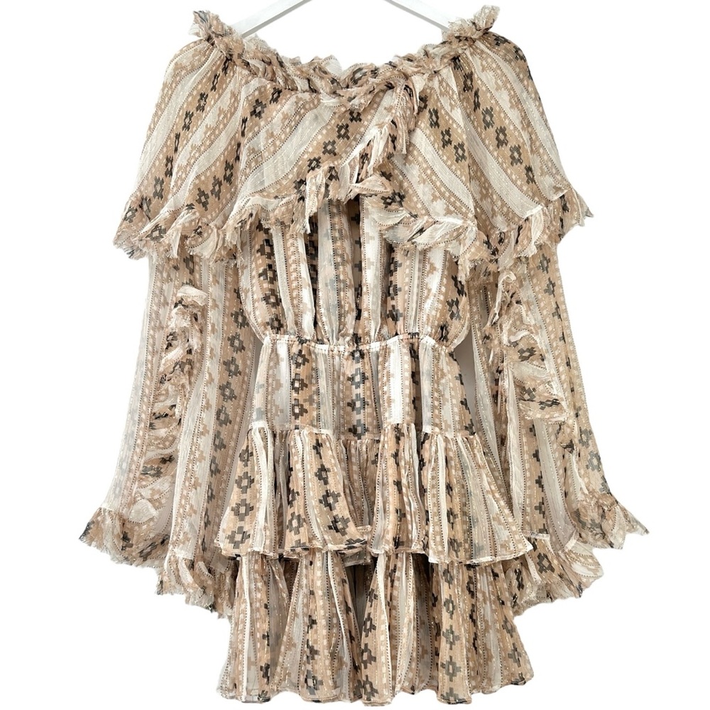 Caroline Constas Dahlia Brown & White Metallic Off Shoulder Silk Mini Dress - XS